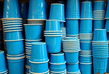 Stack of assorted blue plastic cups, various sizes, juice, image