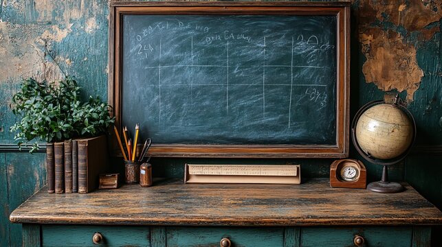 Vintage Classroom Setting With Old Desk And Chalkboard Educational Supplies And Books Rustic Interior Photo Old School Setting Retro Decor For Home Vintage Objects Classroom Props History Still Life