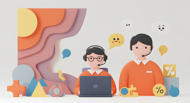 Customer Support Representatives: A digital illustration featuring two customer support representatives, focused on providing assistance, surrounded by icons representing communication and service.