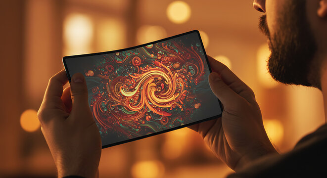 Man holds a curved tablet displaying a swirling, abstract, colorful design with orange and red hues.
