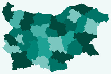 Map of Bulgaria with regions. Just a simple country border map with region division. Teal color palette. Flat Republic of Bulgaria shape with administrative division. Vector illustration.