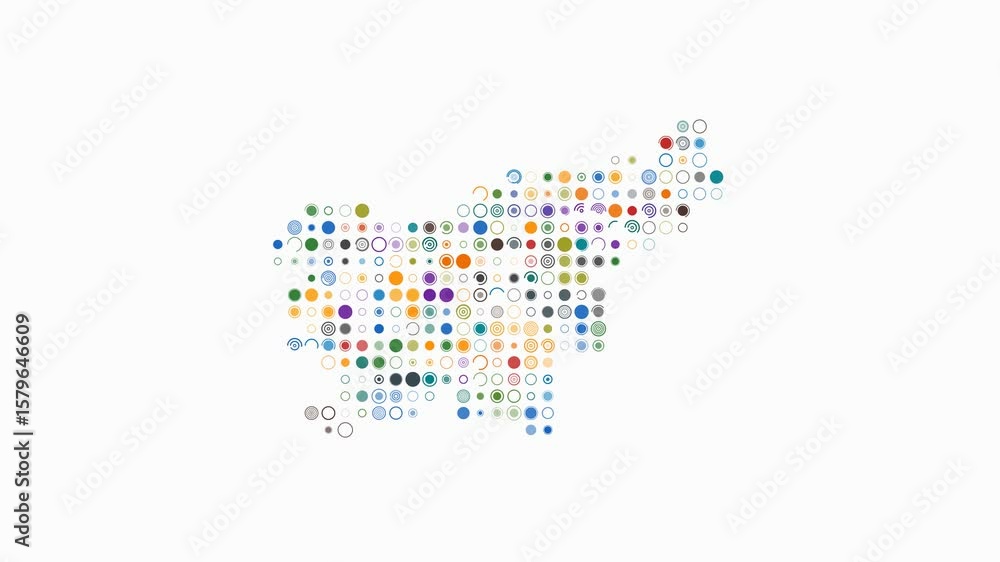 Poster slovenia dotted animation. shape of the country build of pulsating colored dots. large size circle b