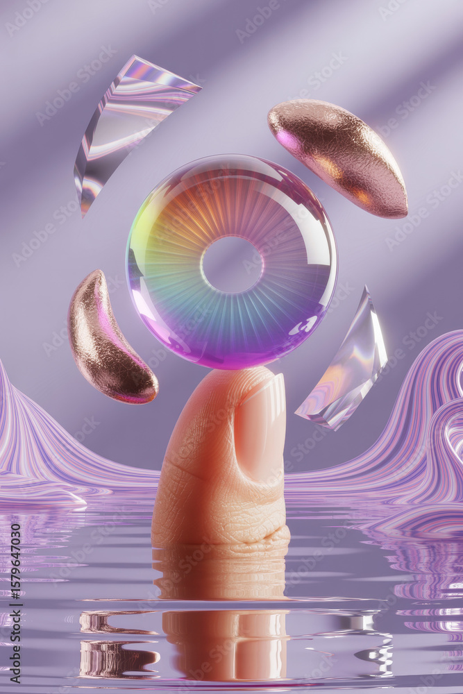 Poster surreal art of a prismatic orb balanced on finger above shimmering water surface with fluid backgrou