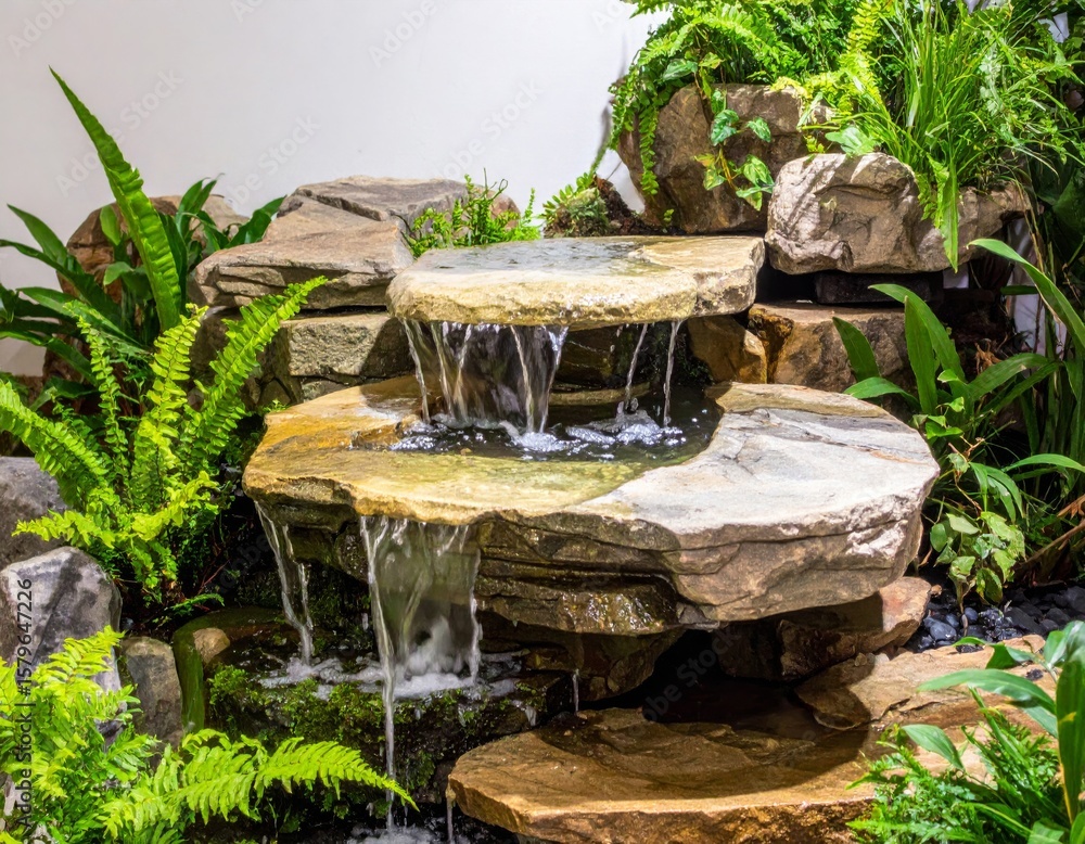Poster three tier rock waterfall with lush ferns and greenery in a serene setting