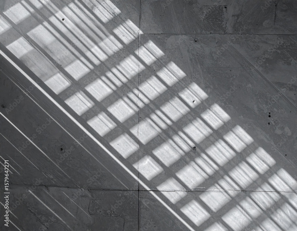 Poster abstract shadows creates striped grid patterns on a gray tiled floor