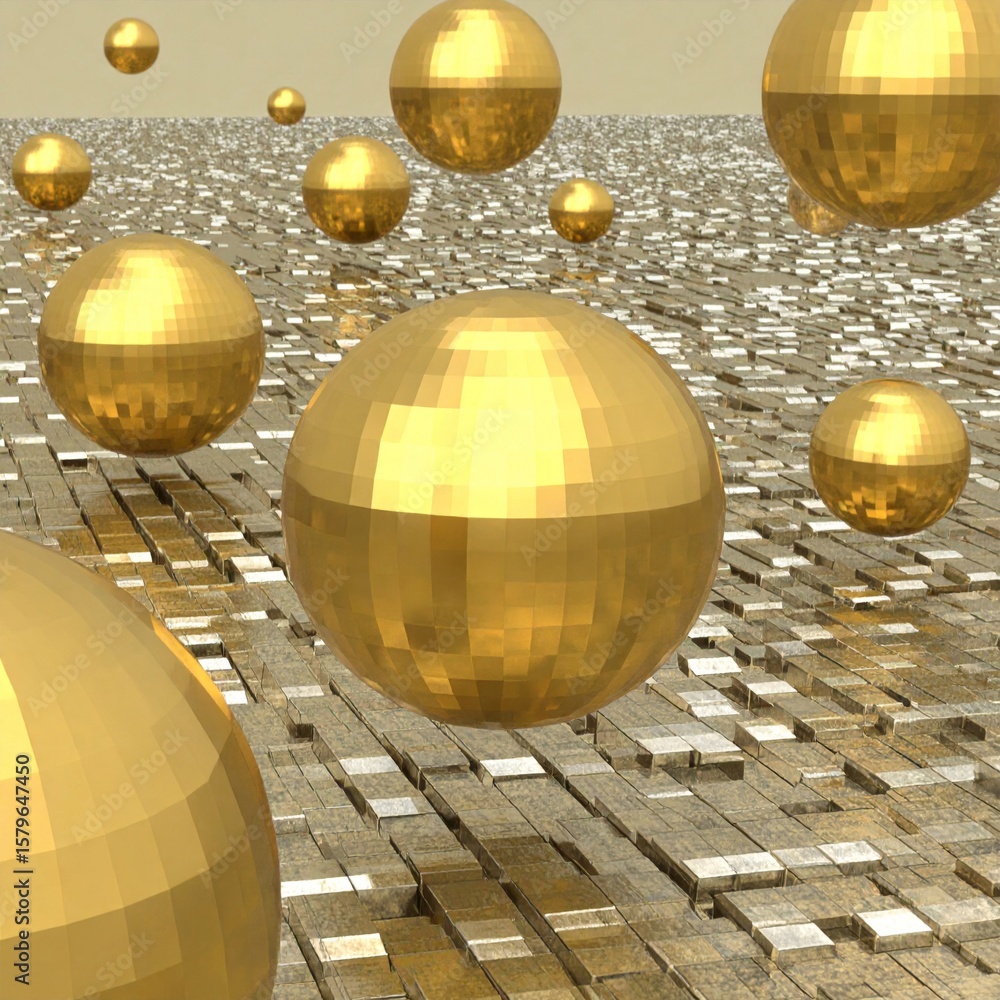 Poster golden spheres floating above metallic cube surface with reflections and texture
