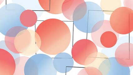 Translucent circles overlapping in shades of coral and blue on a white background, Abstract overlapping circles with black lines forming geometric shapes