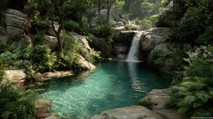 Fototapeta premium Serene Waterfall Pool in Lush Tropical Forest