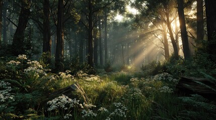Fototapeta premium Sunlit Forest Path: Mystical Dawn in a Verdant Woods