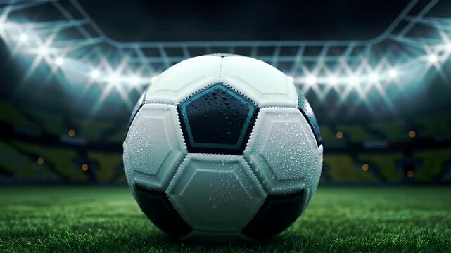Close Up of Soccer Ball on Green Field in Illuminated Stadium Sports Competition Under Bright Spotlights