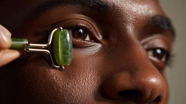 portrait of a male using jade roller on his cheek
