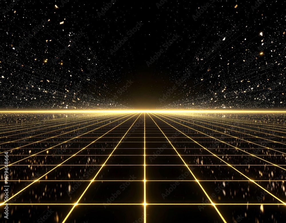 Poster golden grid perspective with glowing particles in dark abstract background