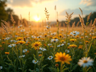 Morning sunlight shines over wildflowers in a dewy grass field, soft and fresh. Generative AI