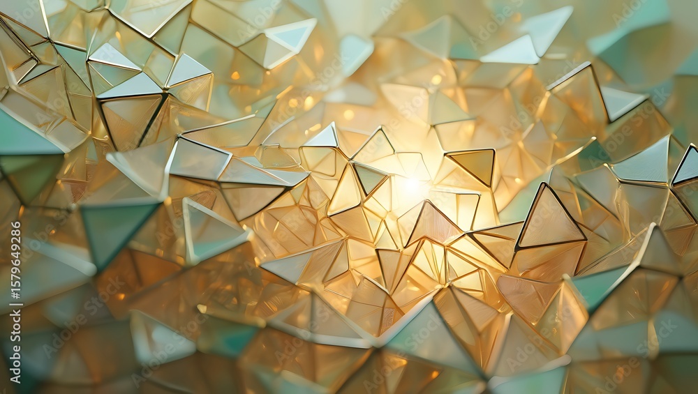 Poster geometric abstraction: triangular facets illuminated by a golden core, ethereal geometry: a luminous
