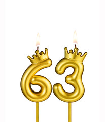 Golden candle with crown number 63 - White background