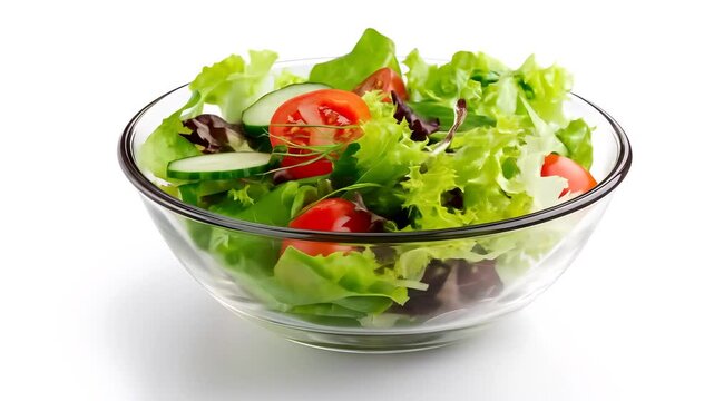 A clear glass bowl filled with a salad of lettuce tomatoes and cucumbers on a white background