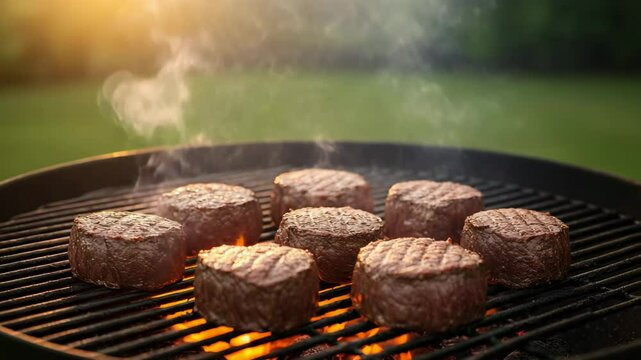 Juicy filet mignon steaks sizzling on a hot grill with smoke and flames. Warm golden hour light creates a rustic and appetizing atmosphere. Perfect for barbecue ads, food blogs, and summer lifestyle v