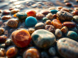 Colorful river pebbles submerged in clear water, reflecting light naturally. Generative AI