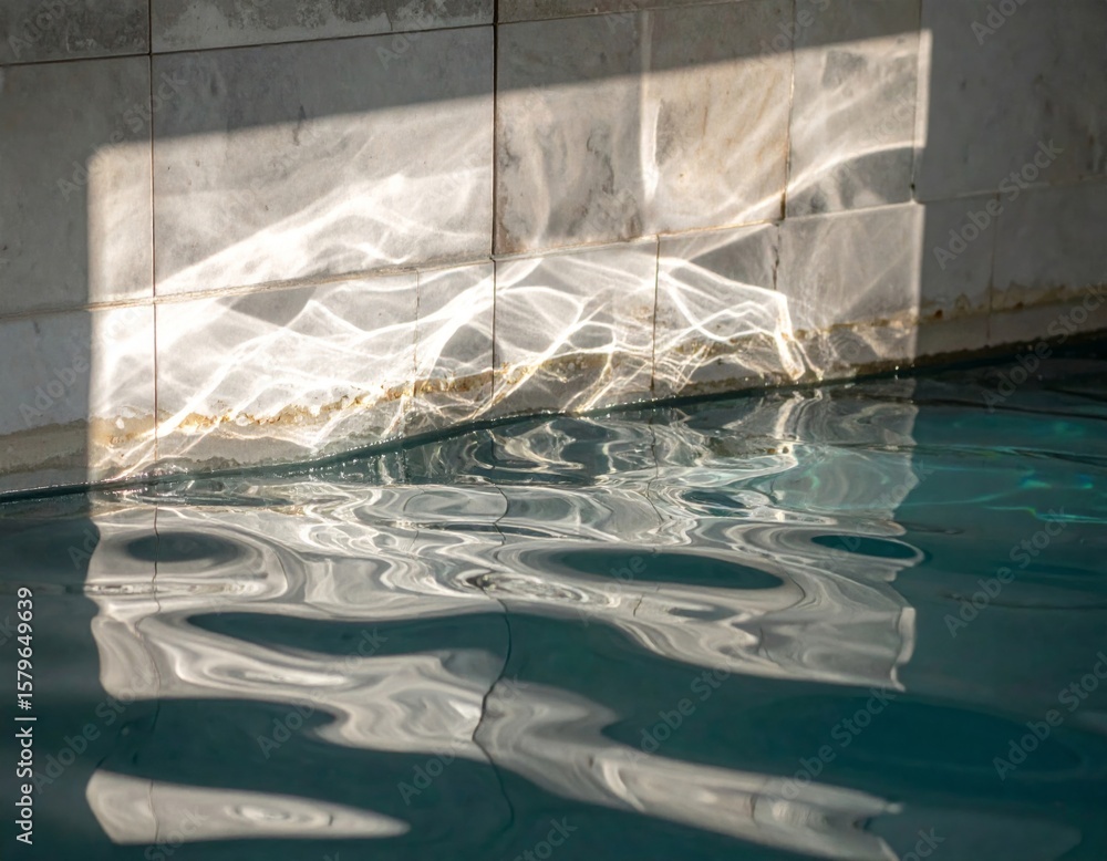 Poster water surface reflecting sunlight on tiled wall creating abstract patterns in blue