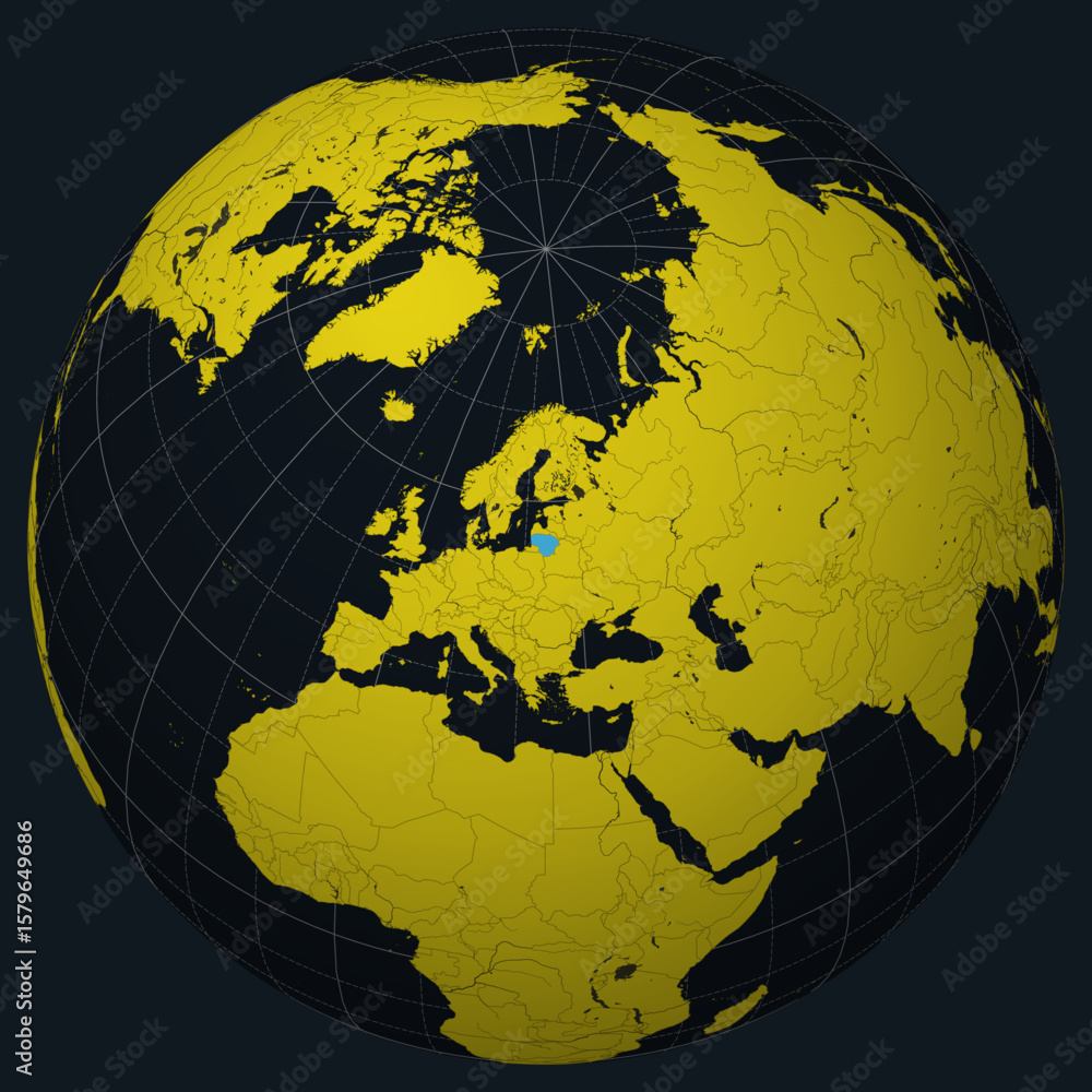 Poster lithuania on globe. country view on the world map in charcoal bright yellow color palette. lithuania