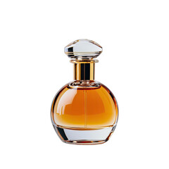 A round, glass perfume bottle with a gold-toned cap. Amber liquid fills the bottle, showcasing a smooth, amber hue.  A clear glass, beveled edge, frames the bottle