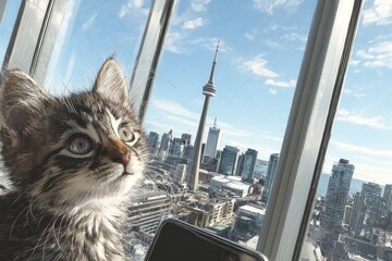 Curious cat captures comical selfie with city skyline backdrop. Magic moments. Paws and clicks: cats' selfies offer insight into their solo antics. Sleepy scene. Digital cats.