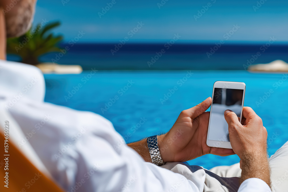 Poster relaxing by the pool while using a smartphone on a sunny day at a beach location