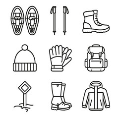 Boots poles snow vector gear backpack hiking icons snowshoes winter icon snowshoeing