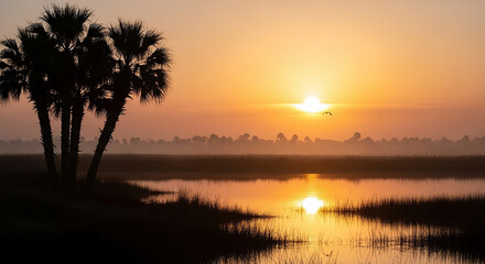 Silhouette of palm trees at sunrise reflecting in water creating a serene and peaceful atmosphere