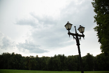 Street black iron design lamp in the park outdoors on summer green trees background under blue...