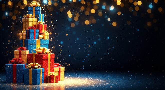 A christmas tree made of stacked gift boxes with ribbons and bokeh lights on a dark blue background