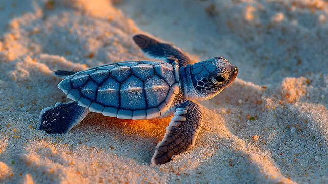 Baby sea turtle with detailed shell pattern crawls on sandy beach at sunset, highlighting its delicate features and warm glow of setting sun