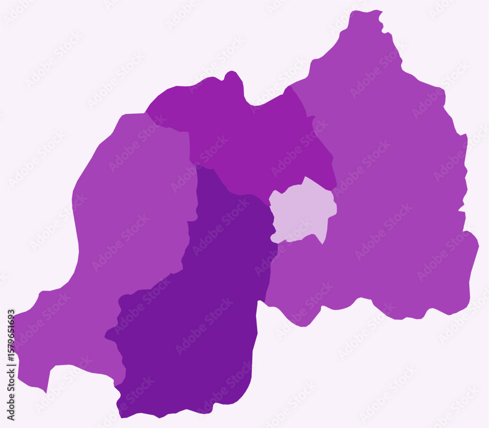Poster map of rwanda with regions. just a simple country border map with region division. purple color pale