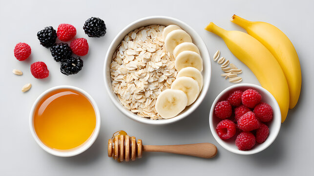 Flat lay of mood boosting ingredients includes bowl of oats with banana slices, fresh raspberries, blackberries, honey, and whole bananas, creating vibrant and healthy setup