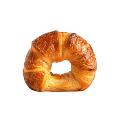 Close-up of a golden-brown croissant, slightly puffed, with a hole in the center