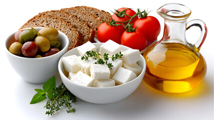Selection of Mediterranean diet ingredients including fresh tomatoes, feta cheese cubes, mixed olives, whole grain bread, and olive oil, arranged on white background