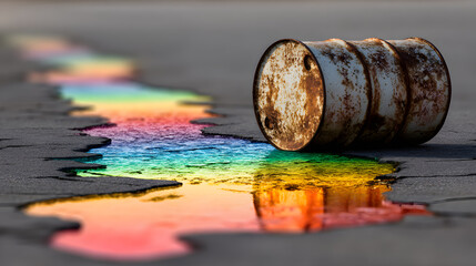 Rusting barrel lies on cracked pavement, leaking multicolored liquid, creating vibrant hazard. scene evokes environmental concerns and impact of toxic waste
