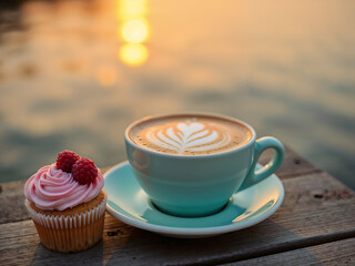Cup of coffee and cupcake on wooden table at sunset, romantic outdoor moment. Generative AI
