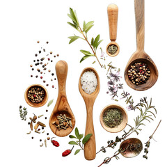 Wooden spoons filled with various spices and herbs arranged in a circular pattern