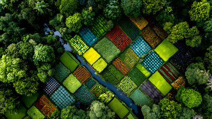 Aerial view of vibrant patchwork agricultural fields surrounded by lush green forest, showcasing diverse crops and winding river. scene is colorful and harmonious