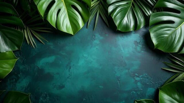 Lush green tropical foliage border on a dark teal textured surface, creating a vibrant frame for design projects