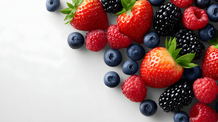 Obraz premium Vibrant assortment of fresh berries including strawberries, blueberries, raspberries, and blackberries is artfully arranged on white background, showcasing their rich colors and textures