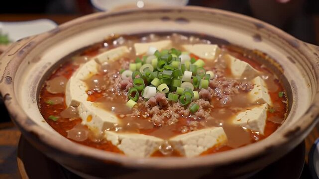 Authentic Mapo Tofu in Clay Pot with Spicy Sauce Pork and Green Onions on Dark Wooden Background