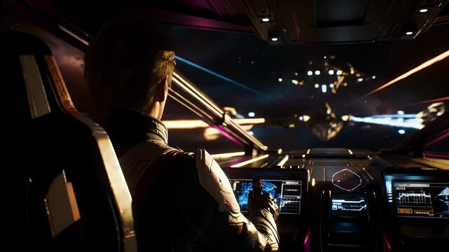 Astronaut in Spaceship Cockpit View of Space Battle with Cosmic Background Firing Energy Weapons Optimized for Adobe
