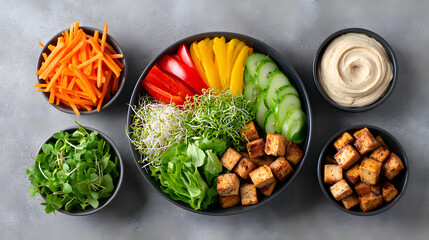 Vibrant vegan bowl with colorful vegetables, tofu, and creamy dressing, surrounded by fresh ingredients on gray background. scene is inviting and healthy