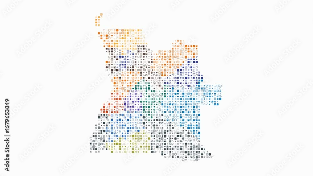 Poster angola dotted animation. shape of the country build of pulsating colored dots. small size rounded sq