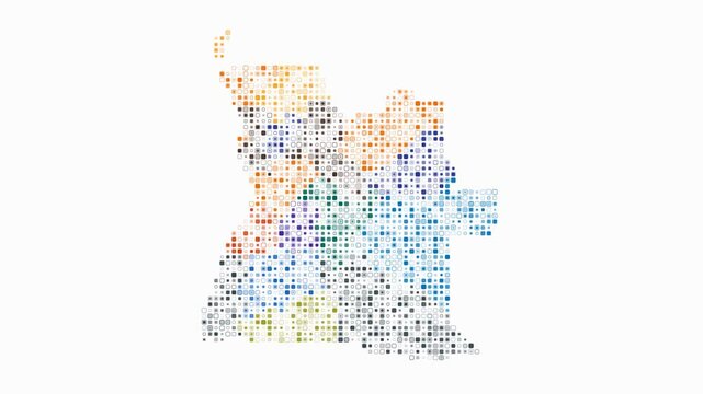 Angola dotted animation. Shape of the country build of pulsating colored dots. Small size rounded square blocks. Digital style map on white background. Creative video.