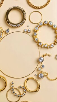 Elegant arrangement of gold jewelry with crystals and pearls on a light beige background surrounding a round frame