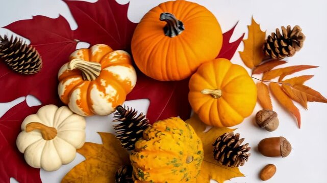 Autumn harvest composition with pumpkins, acorns, pine cones, walnuts and colorful fall leaves on a clean white surface