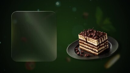 Three layers Tiramisu dessert with chocolate chips Animation on dramatic green background – perfect for adding daily specials on the built-in glass frame